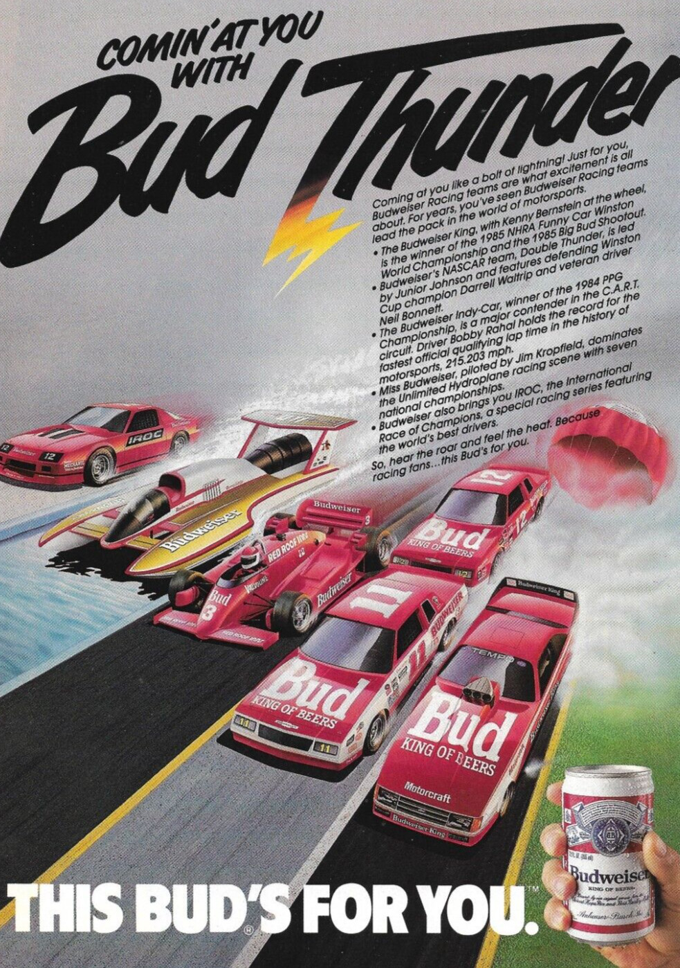 1986 Budweiser Print Ad “BUD THUNDER” NASCAR, NHRA, INDY RACING RACING TEAMS