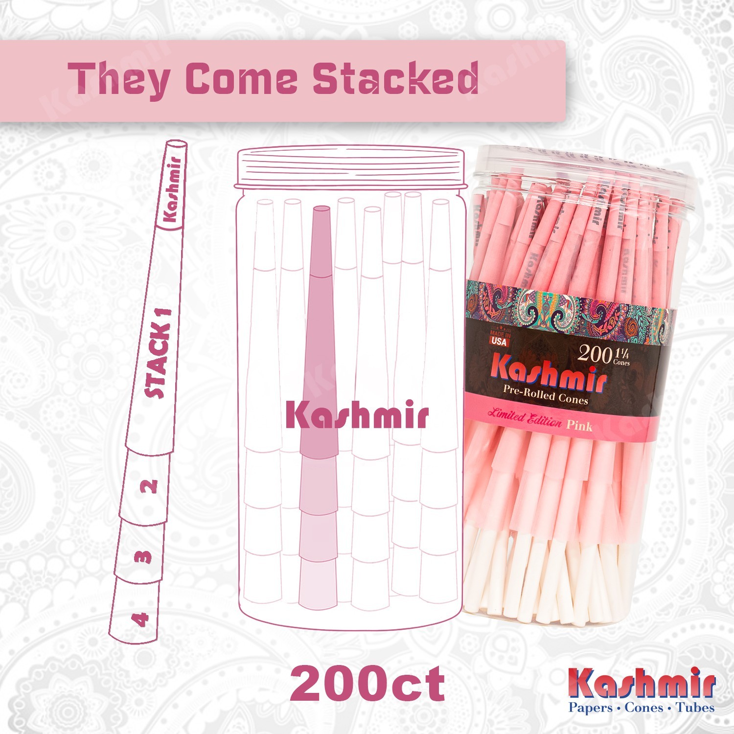 Kashmir Pink Pre Rolled Cones Natural Gum & Smooth Rolling Papers 1 1/4 – 200 Ct