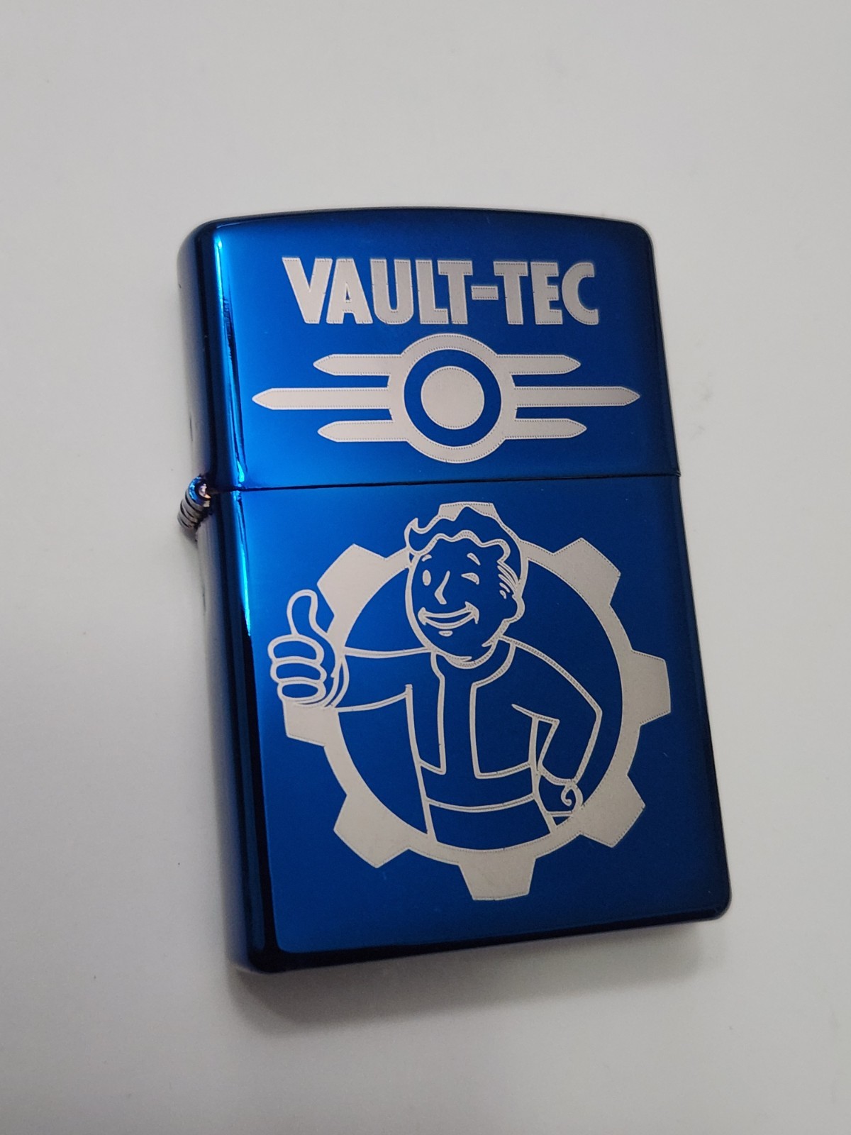 Custom Laser Engraved Flip Top Lighter Fallout Vault Tec Logo Blue