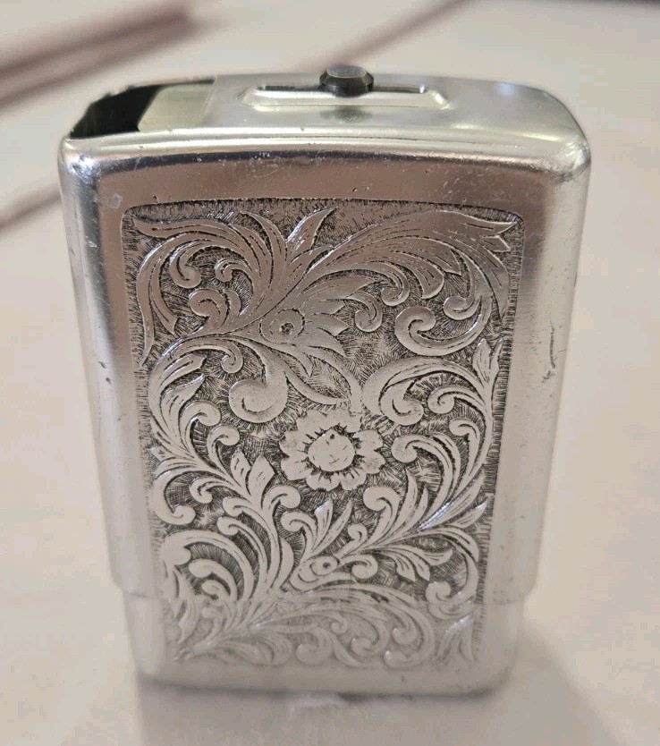 Vtg Aluminium Cigarette Case W Slide Top By Park Industries Floral Design