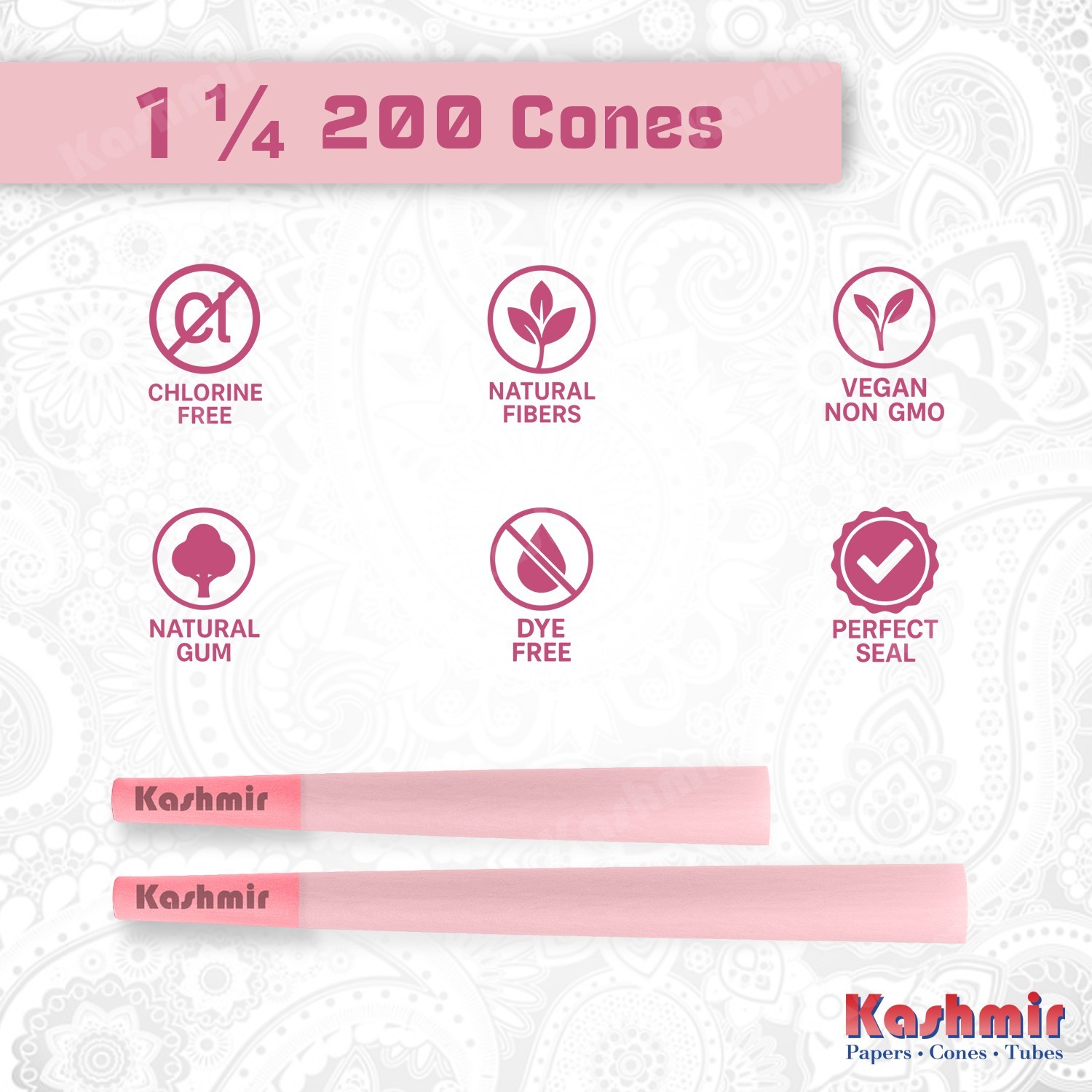 Kashmir Pink Pre Rolled Cones Natural Gum & Smooth Rolling Papers 1 1/4 – 200 Ct