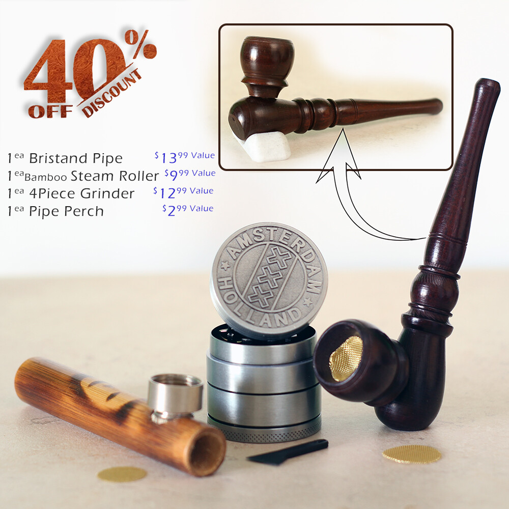 (2 pipes & Grndr) Premium Wood Hand Carved Smoking Pipes & Metal 4pt Grinder HB