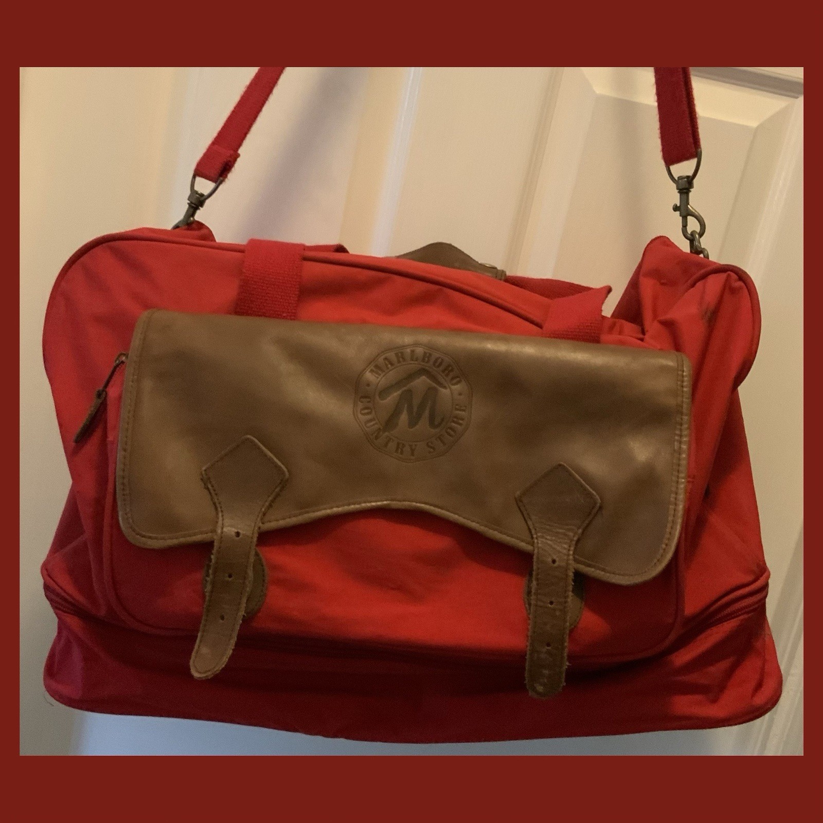 Vtg 1990s Marlboro Country Store Red Canvas Leather Shoulder Travel Duffle Bag