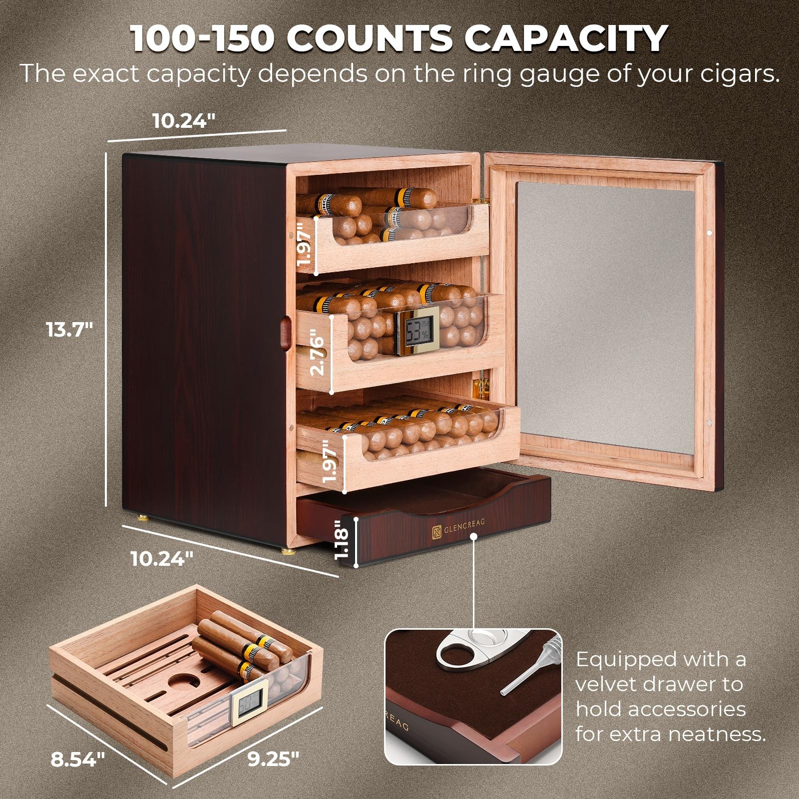 MET-1031 Cigar Humidor Cabinet for 150 Cigars – Spanish Cedar Lining, Digital…