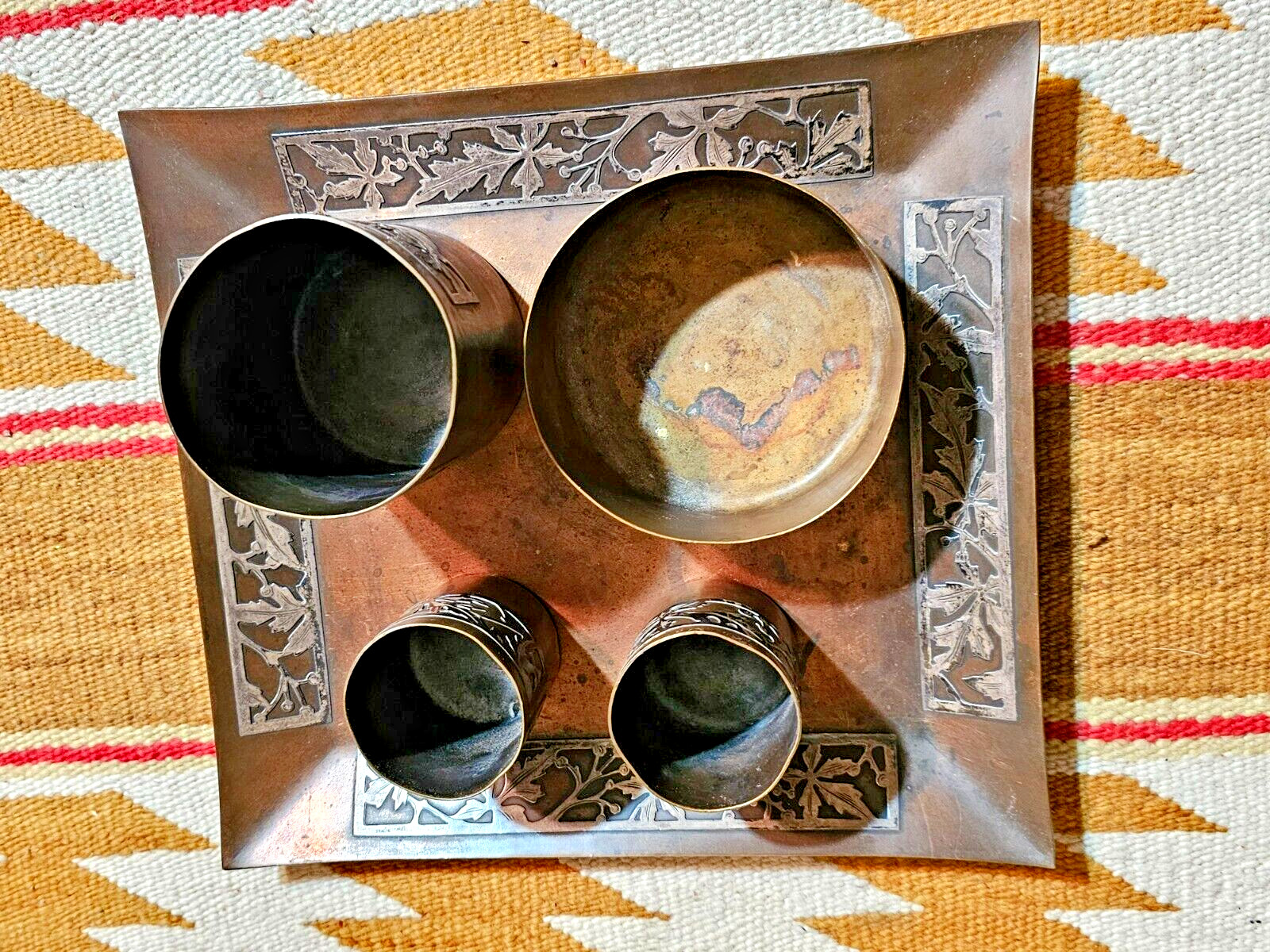 FANTASTIC 1900s Arts & Crafts 5pc Smoking Set Sterling Silver On Bronze Heintz ?