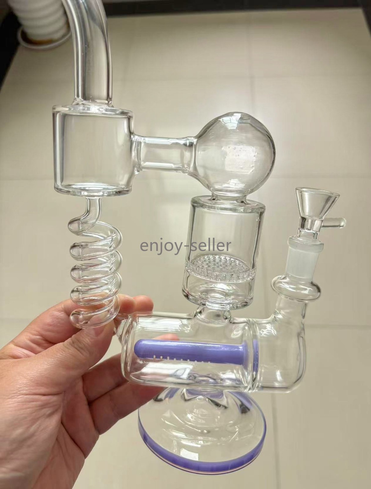 purple Recycler rig Coil Honeycomb Multiple pipes bong Glass Water Smoking 14mm