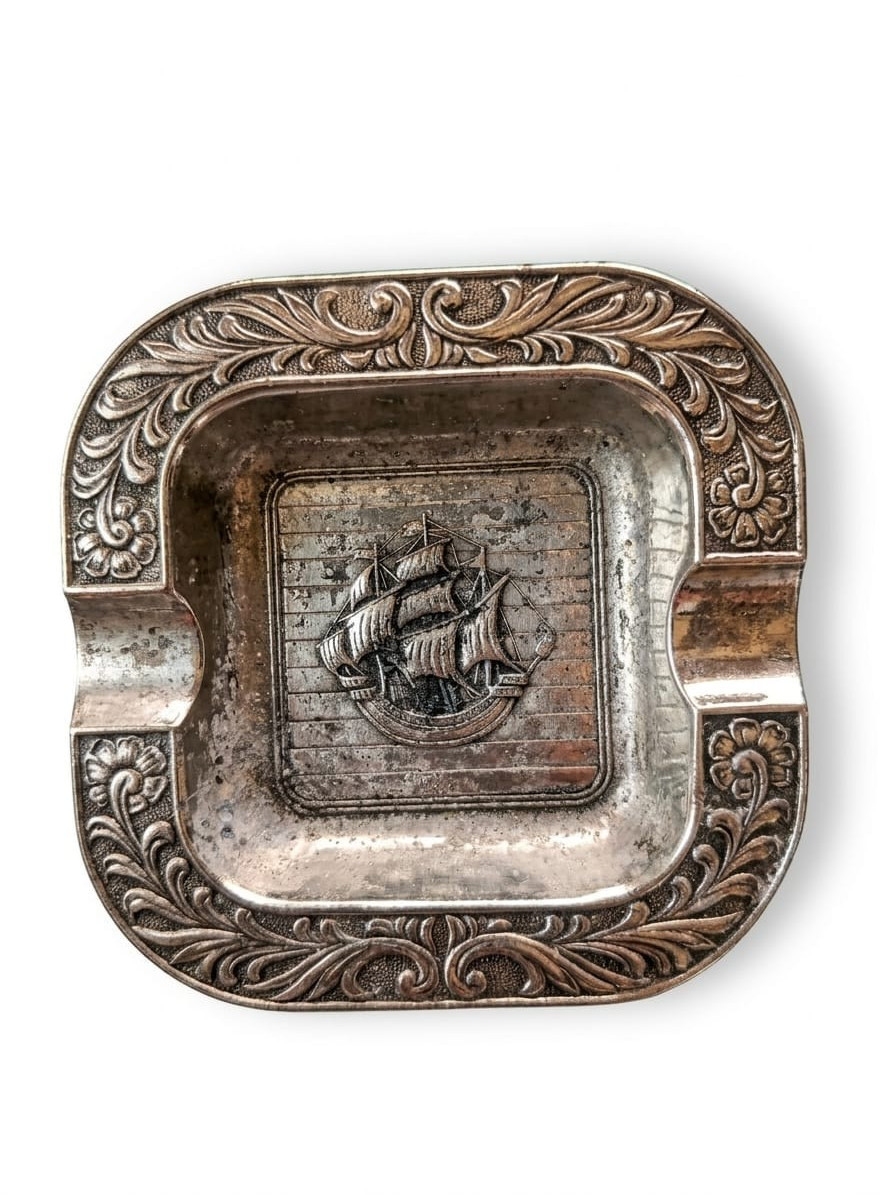 Vintage Metal Ashtray Square Mid-Century Retro Tobacco Collectible Decorative