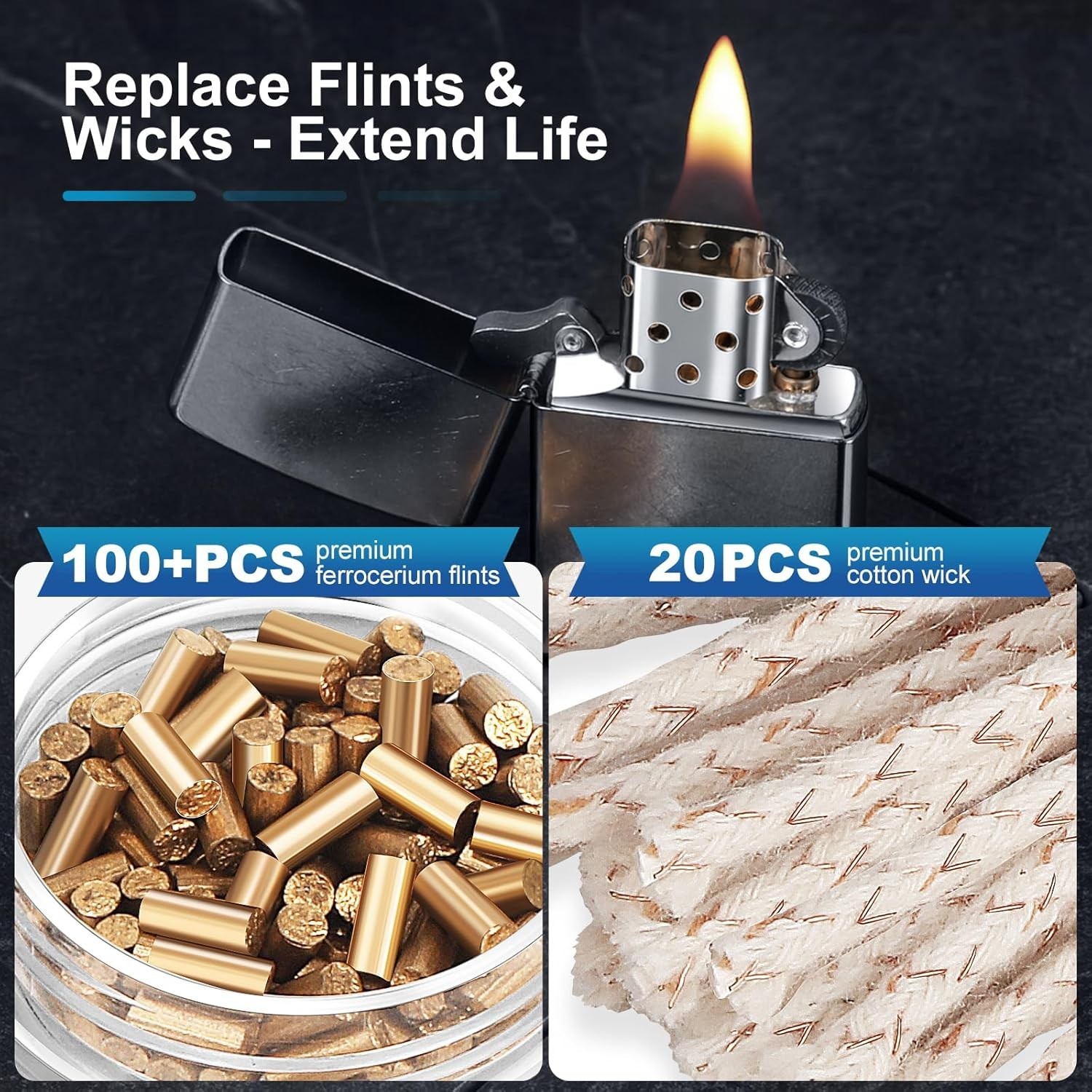 Lighter Flints 100+ Pcs and Cotton 0.9×2IN Flint 4.3IN Wicks, Gold