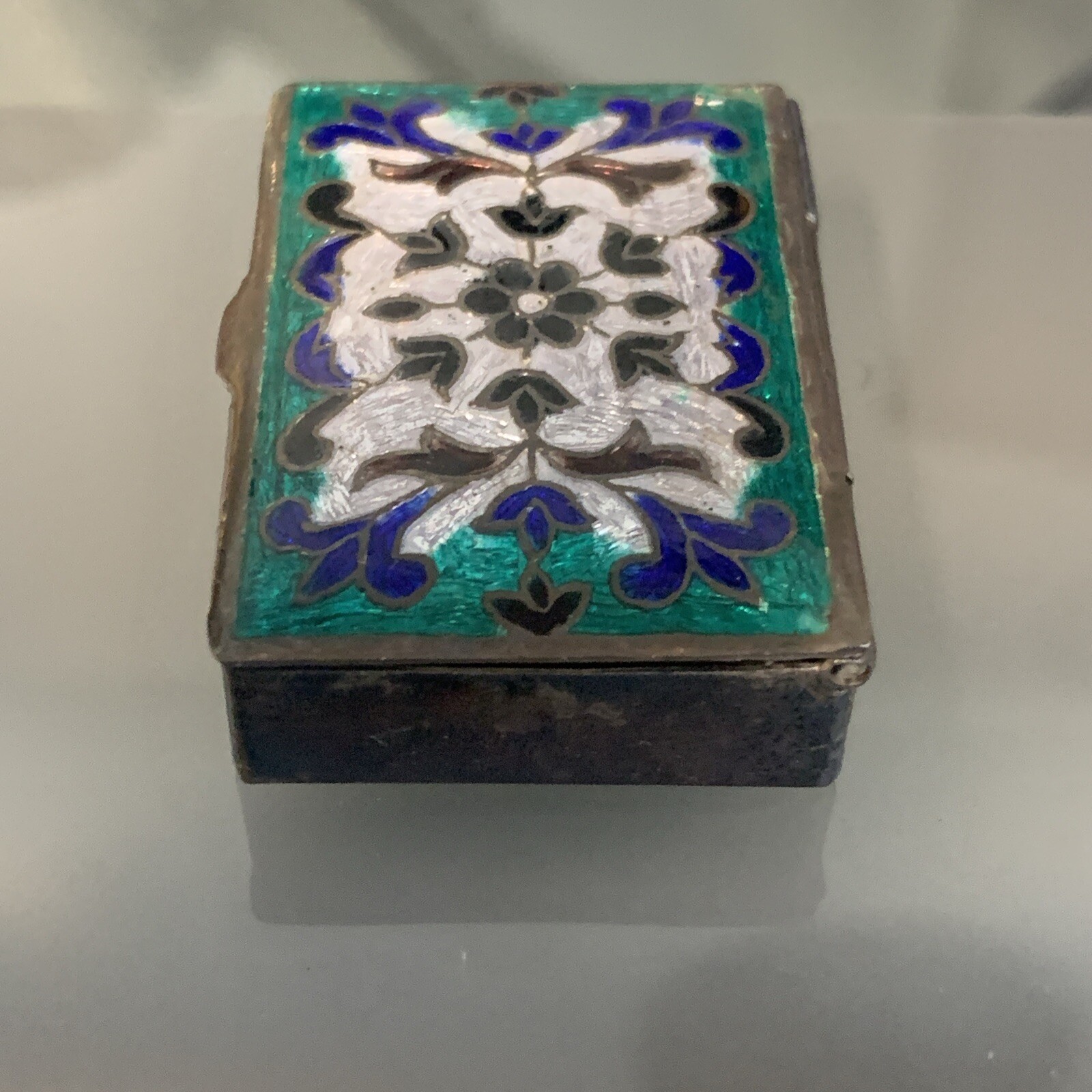 Vintage Silver & Blue And Green Hand Painted Enamel Snuff / Trickle Box Rare