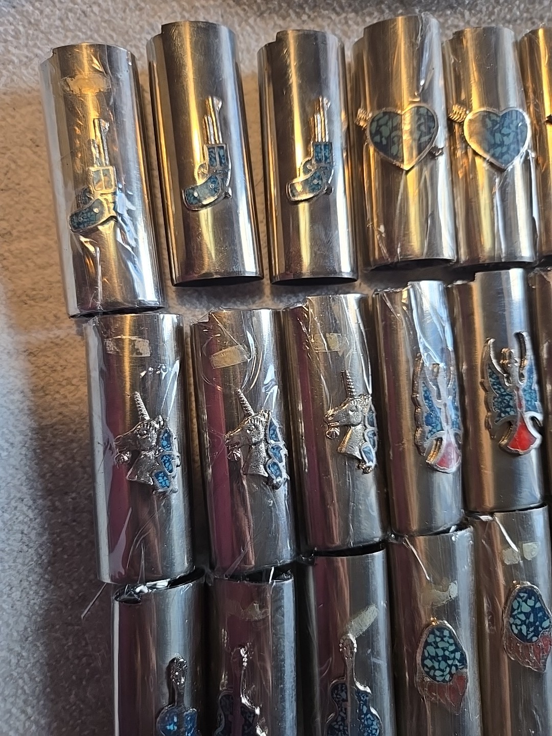 20 Vtg Lighter Case Lot HEART GUITAR UNICORN GUN Cover Holder Turquoise for Bic