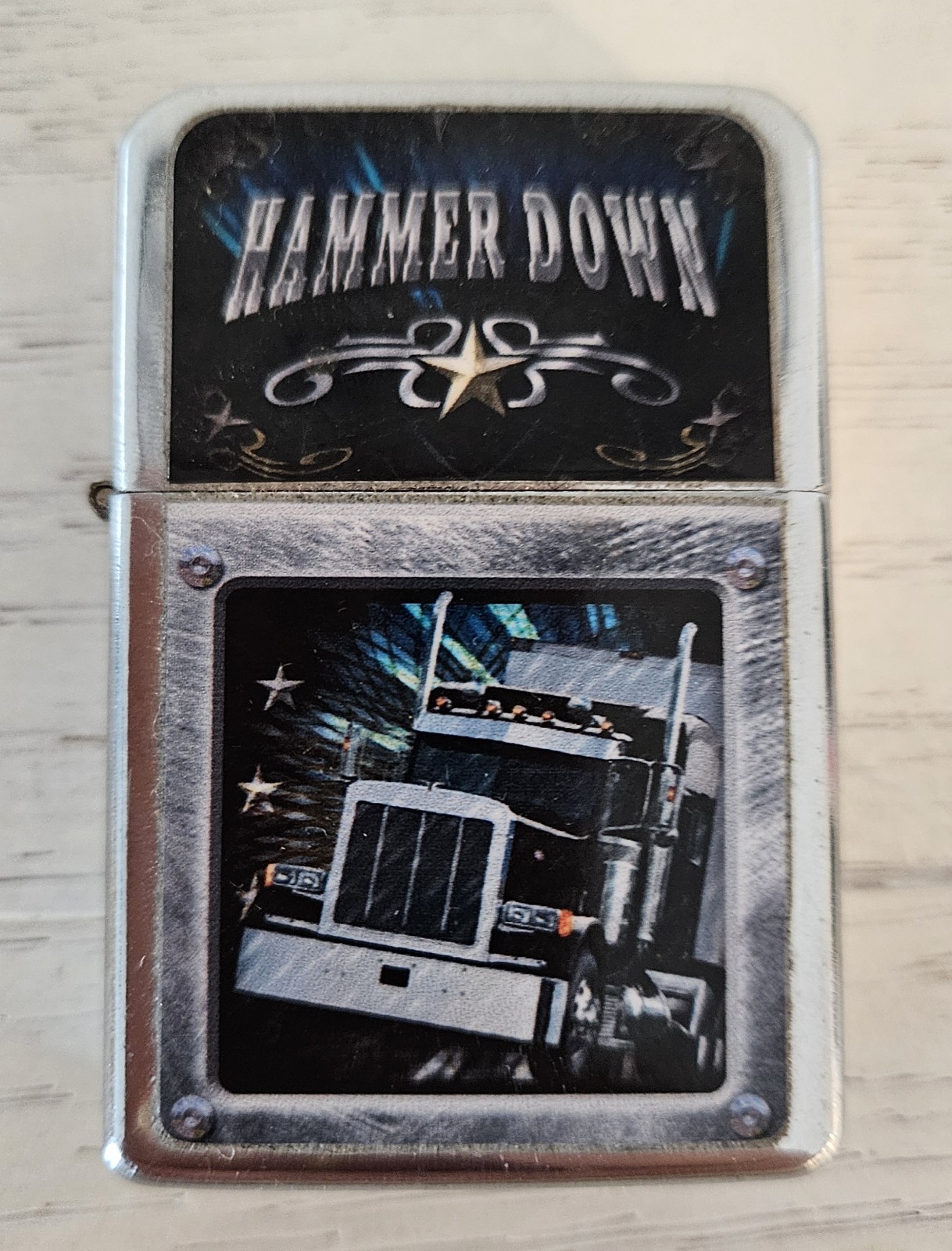 Vintage Victor Lighter Chrome & Black 18 Wheeler Hammer Down
