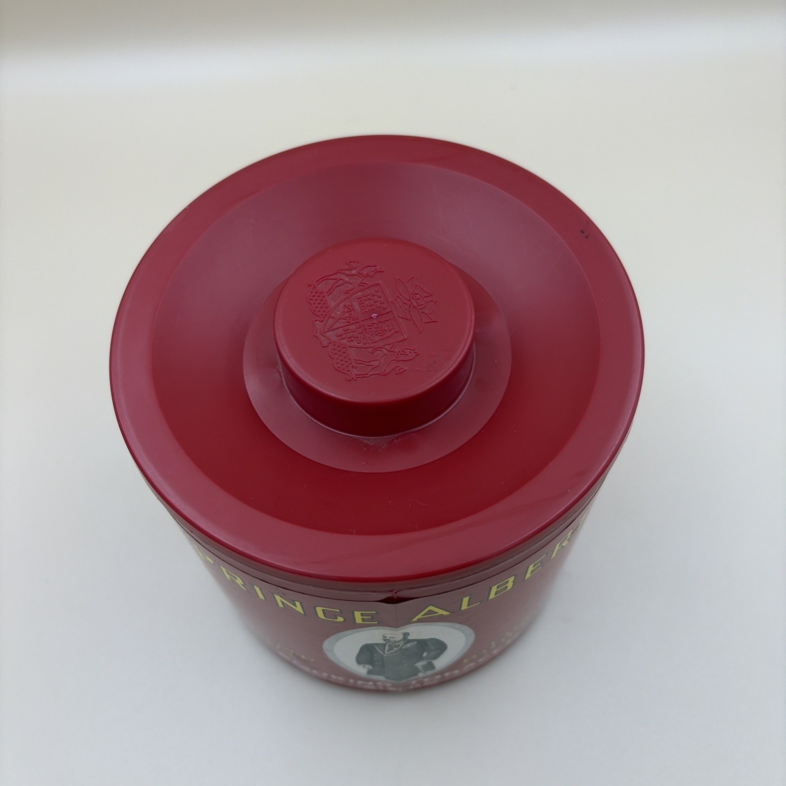 PRINCE ALBERT Smoking Tobacco Red Plastic Canister w/lid 14oz EMPTY. Vintage