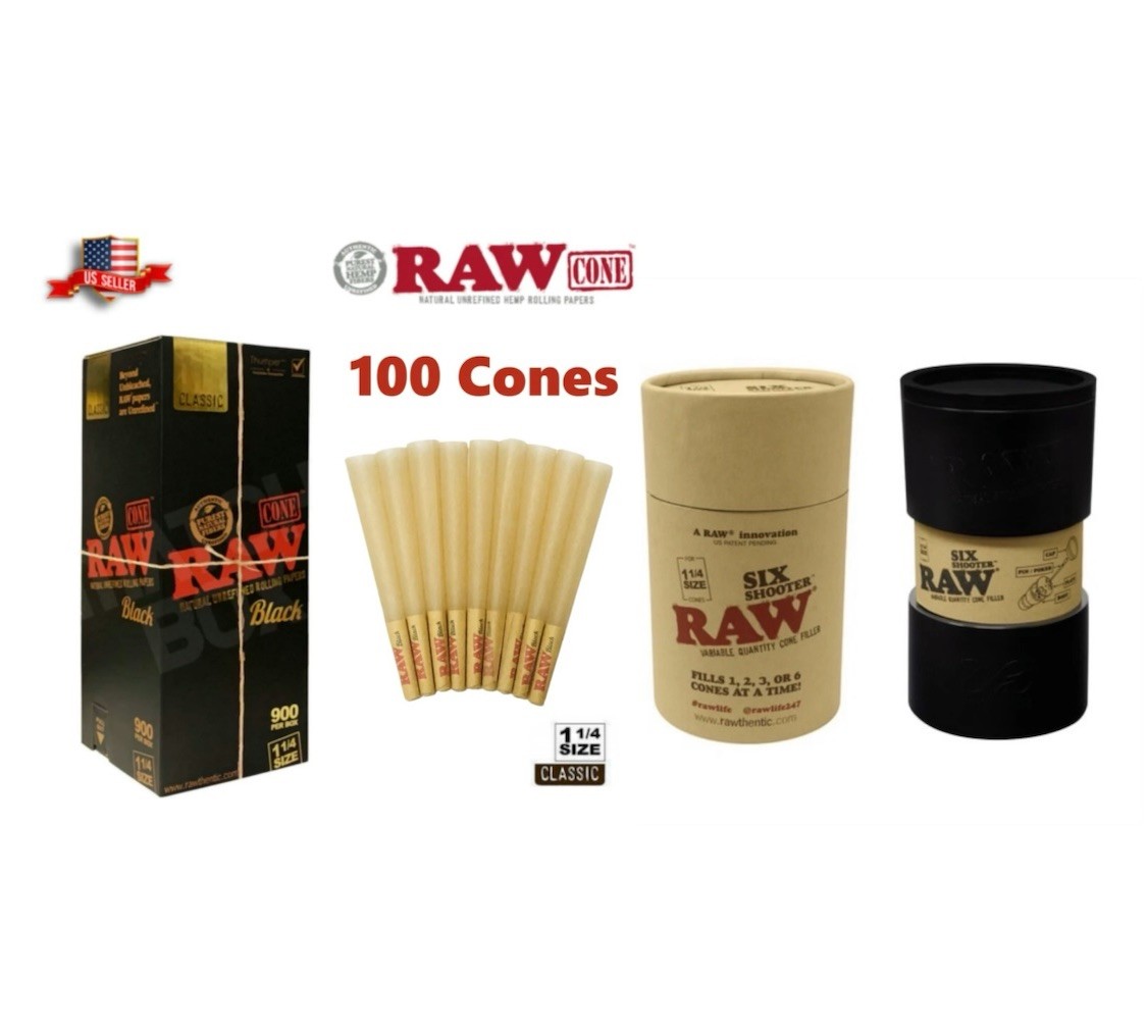 RAW black 1 1/4 size pre rolled cone + raw king size Six Shooter Filler
