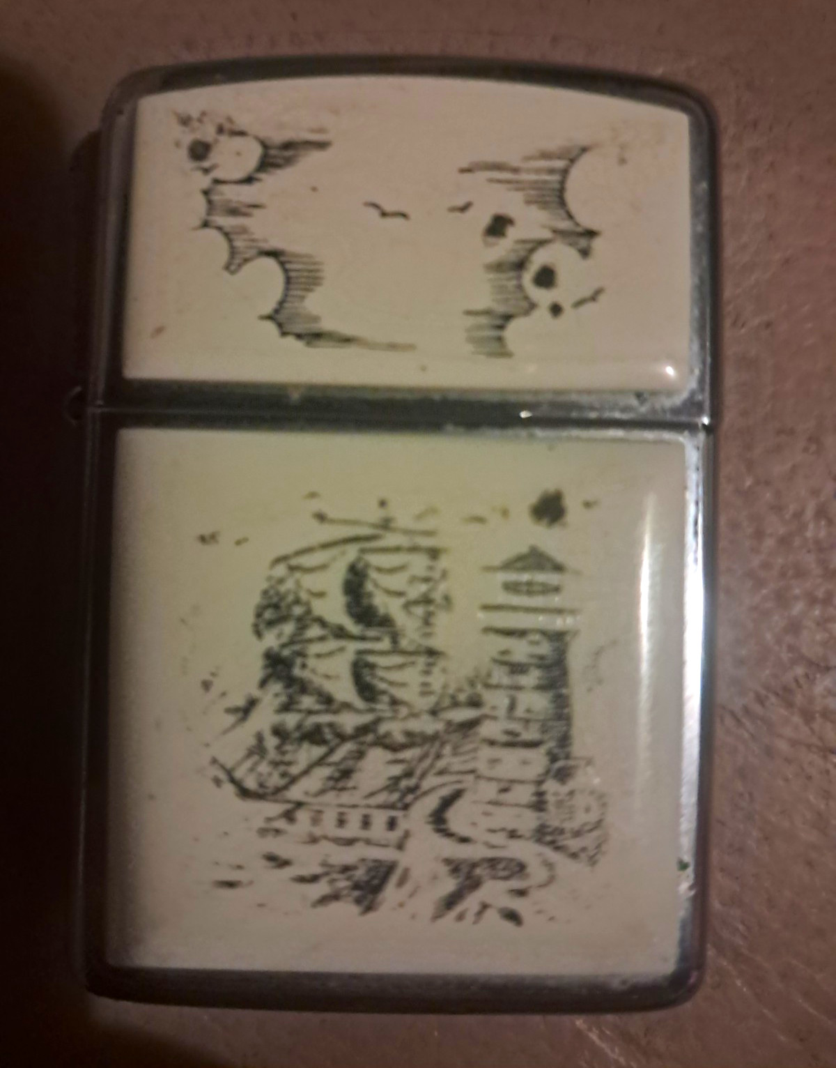Vintage Zippo Lighter Scrimshaw Sailing Ship Lighthouse Nautical Cream Panel