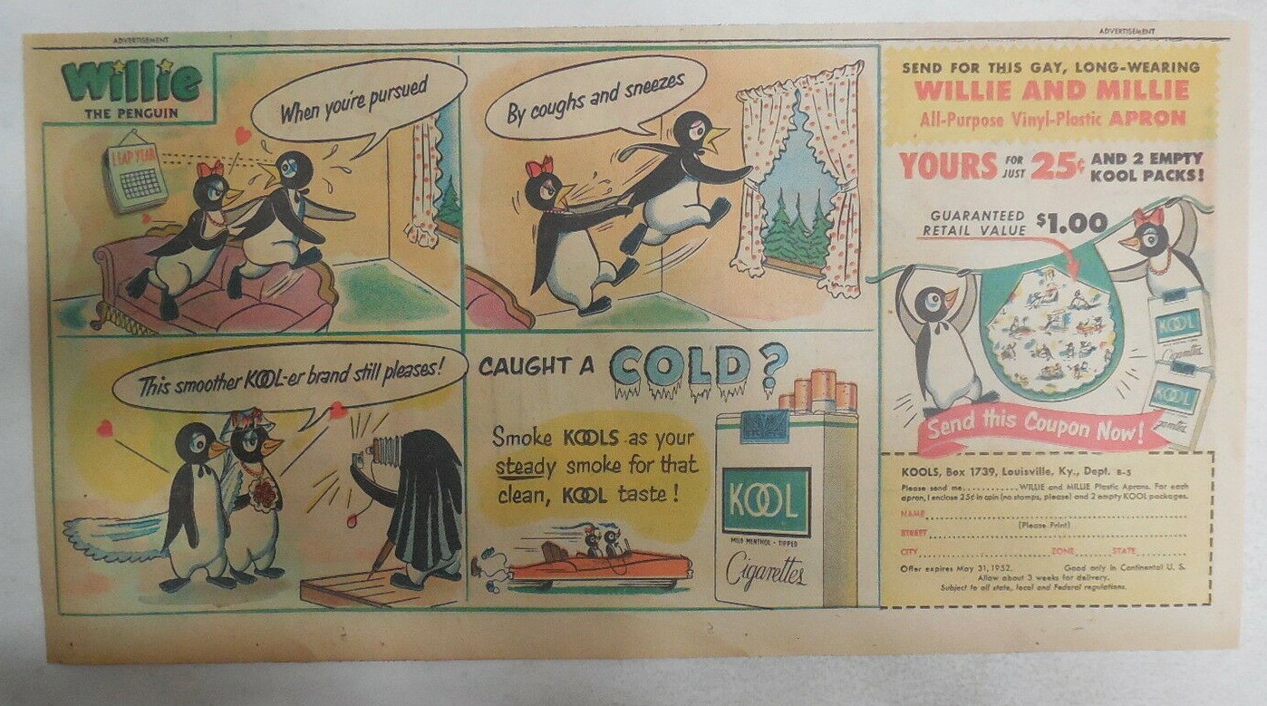 Willie The Penguin Kool Cigarette Ad: Apron Premium 1950’s Size: 7.5 x 15 inches