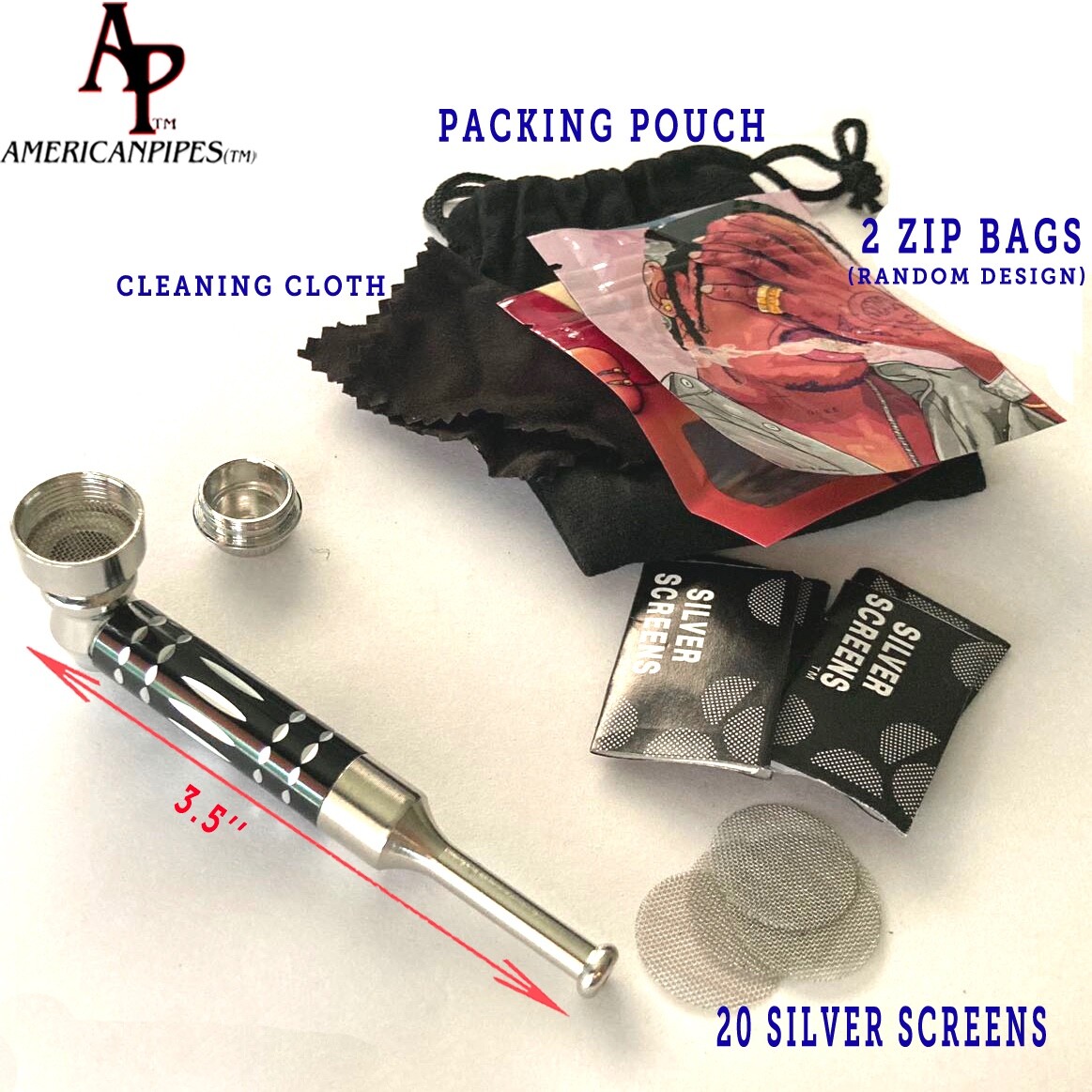 Americanpipes™️ 3.5″ metal tobacco smoking pipe w 20 silver screens