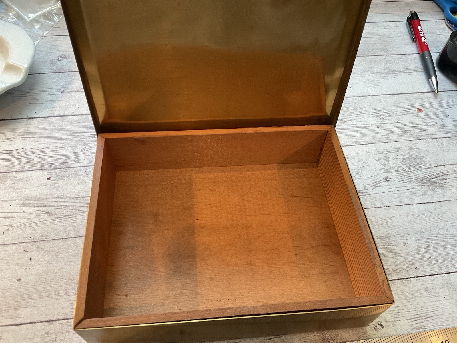 ORIGINAL 1920S ART DECO CIGAR BOX A.G. SPAULDING Copper W/ WOMAN ON LID