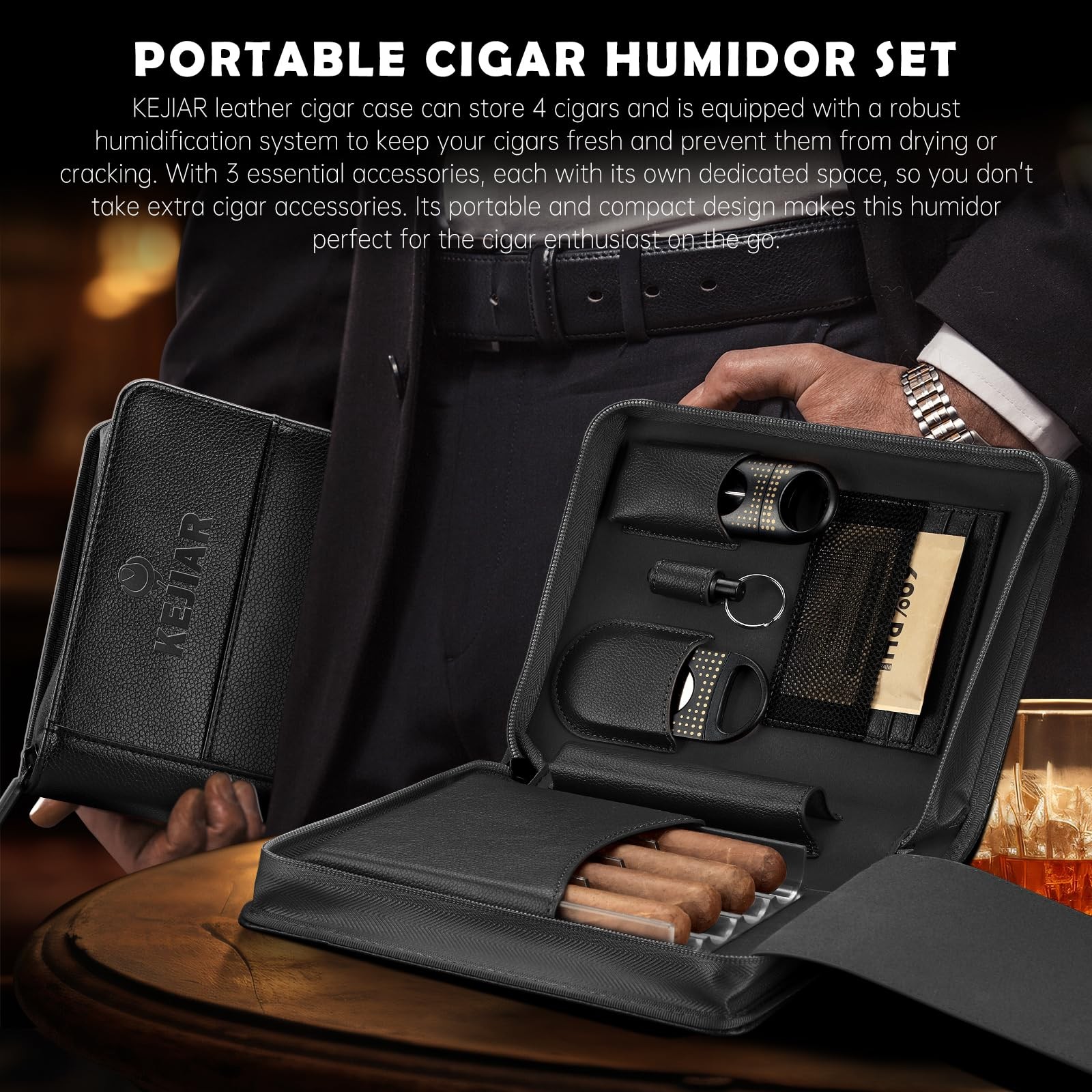 Portable Leather Cigar Humidor Case with Accessories Gift Set (Black)