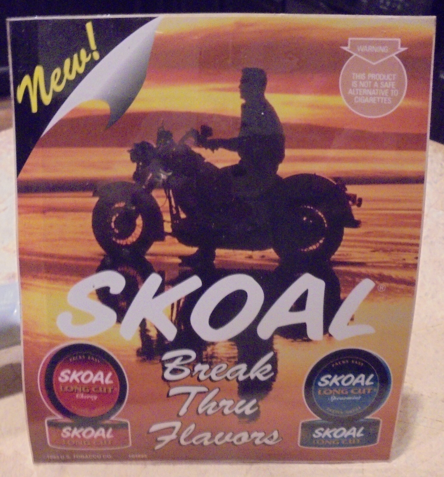 1993 SKOAL”BREAK THRU FLAVORS”-MAN ON MOTORCYCLE ADHESIVE VINYL DECAL UNUSED
