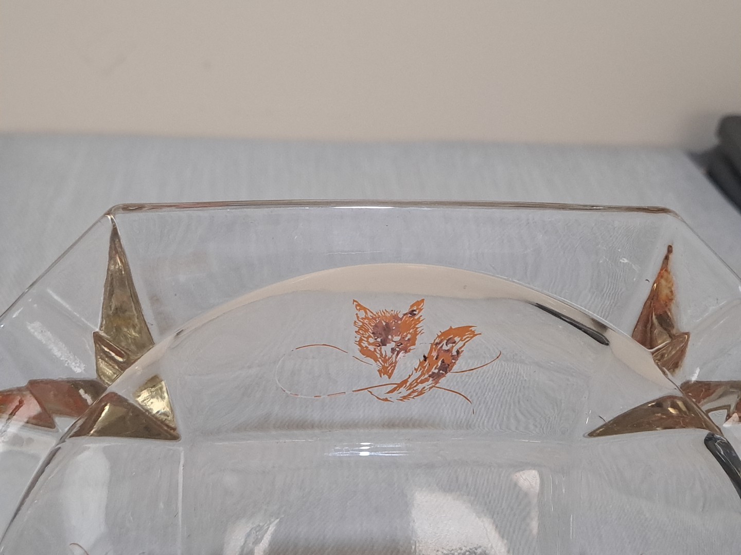 VTG RARE Square Clear Glass Fox And Whip Engraved Cigar Cigarette 8in Ashtray