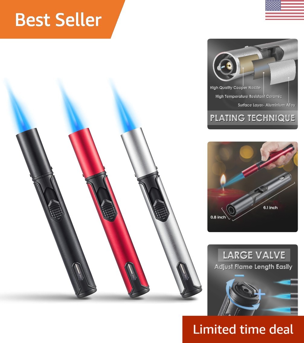 3 Pack Butane Torch Lighters, 6-Inch Refillable Pen Lighter Adjustable Jet Flame