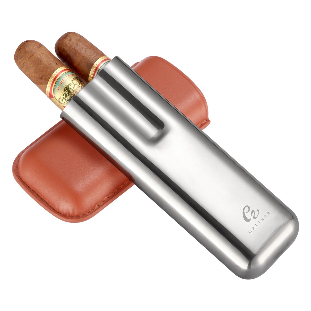Galiner Leather Metal Cigar Tube Cases Holders 2 Slot Cigars Humidor Box Travel