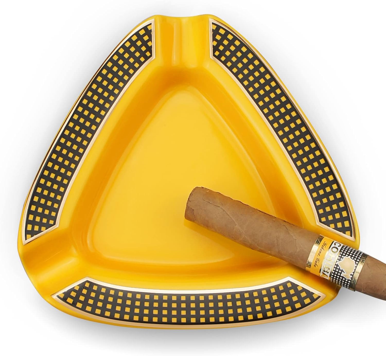 Large Cigar Ashtray Triangle Yellow Outdoor Patio Ceramic 3 Slot Cigarette Holde