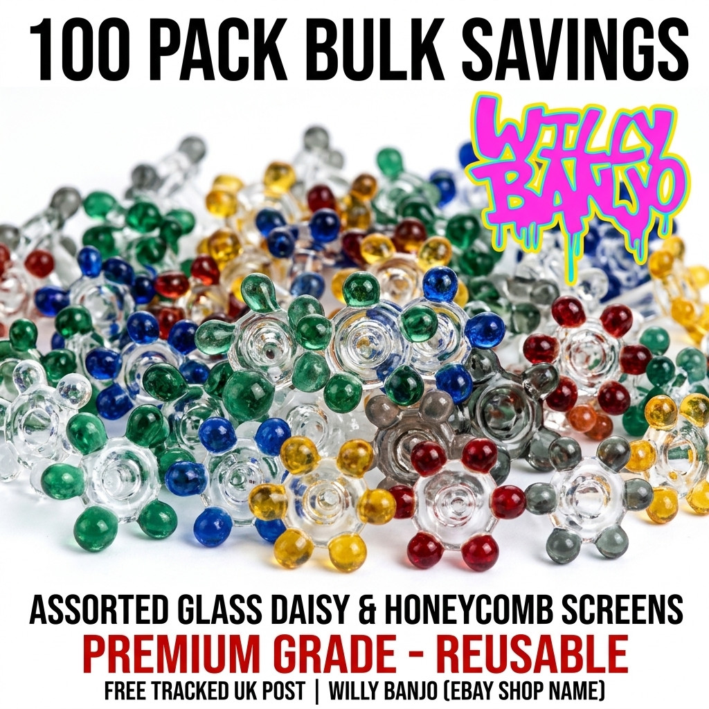 100 x Glass Daisy Pipe Screens Mixed Colours Reusable Honeycomb Gauze Flower UK
