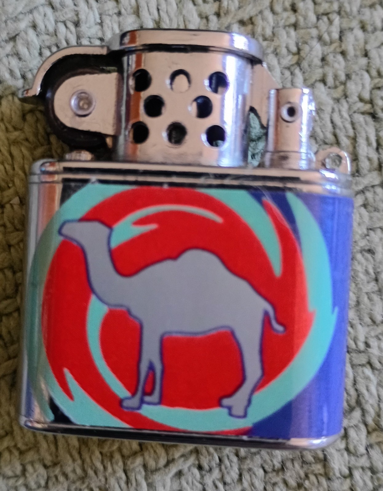 Vintage 1997 Camel Red, Green & Blue Swirl with silver Camel Silhouette Lighter