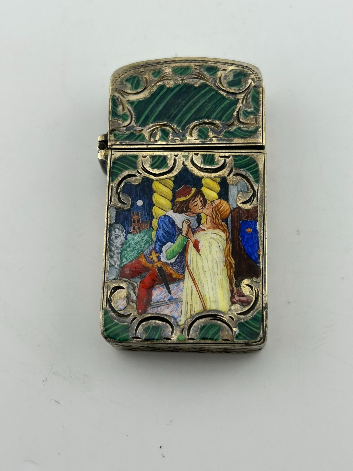 Vintage 800 Silver Enamel Romeo & Juliet Zippo Lighter Case Rare European