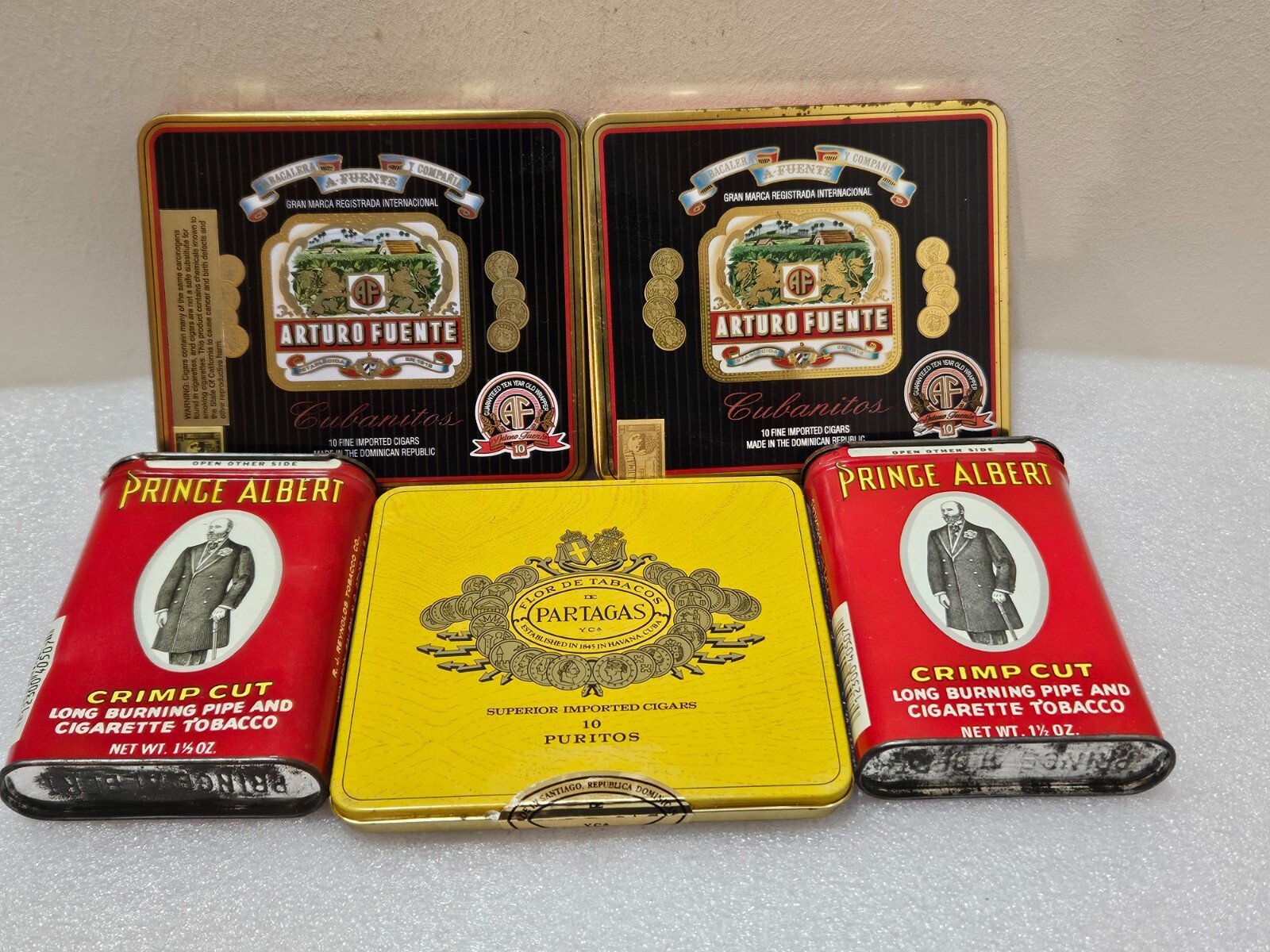 Lot of 5 Empty Pipe Tobacco/Cigarette Tins Arturo Fuente,Partagas,Prince Albert