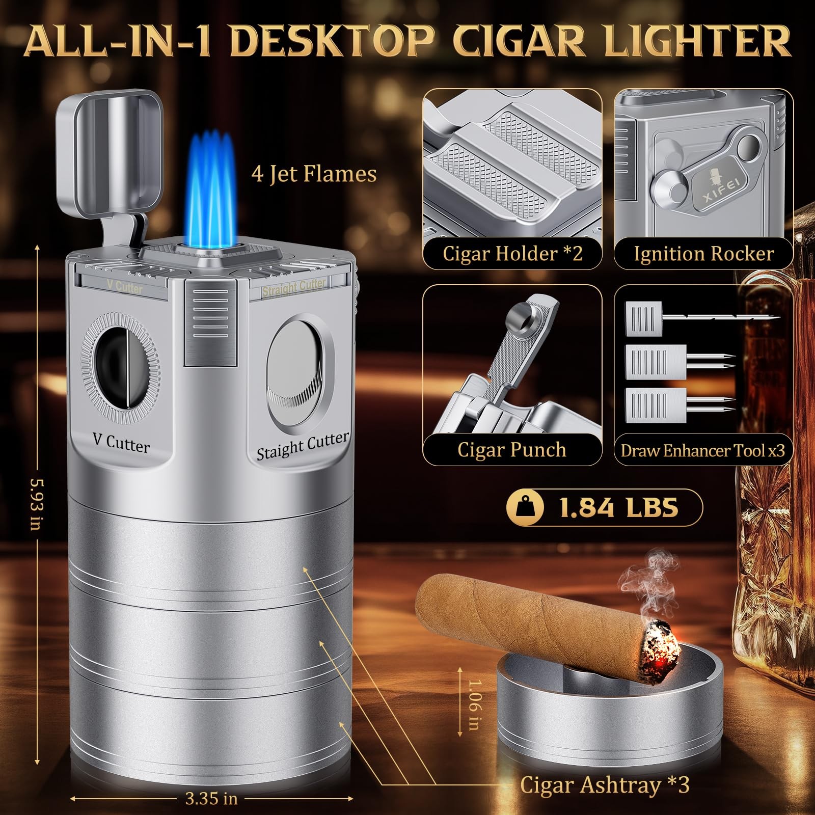 Xifei 8-In-1 Desktop Cigar Lighter Straight V-Cut Cutter 3 Ashtrays 3 Draw