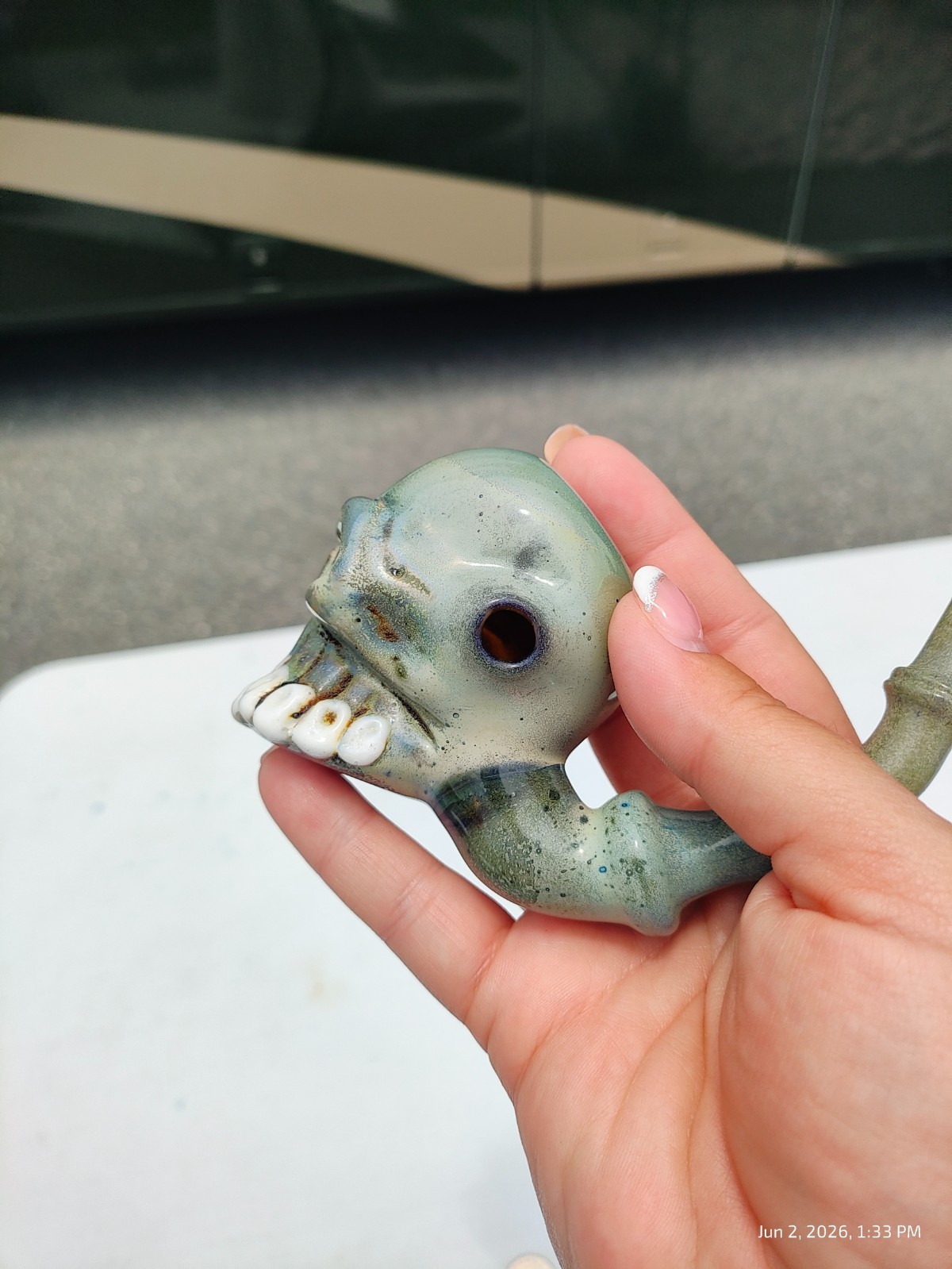 Signed Wusavi WZ Ghost Glass Apprentice Skull Hand Pipe Heady Art Glass