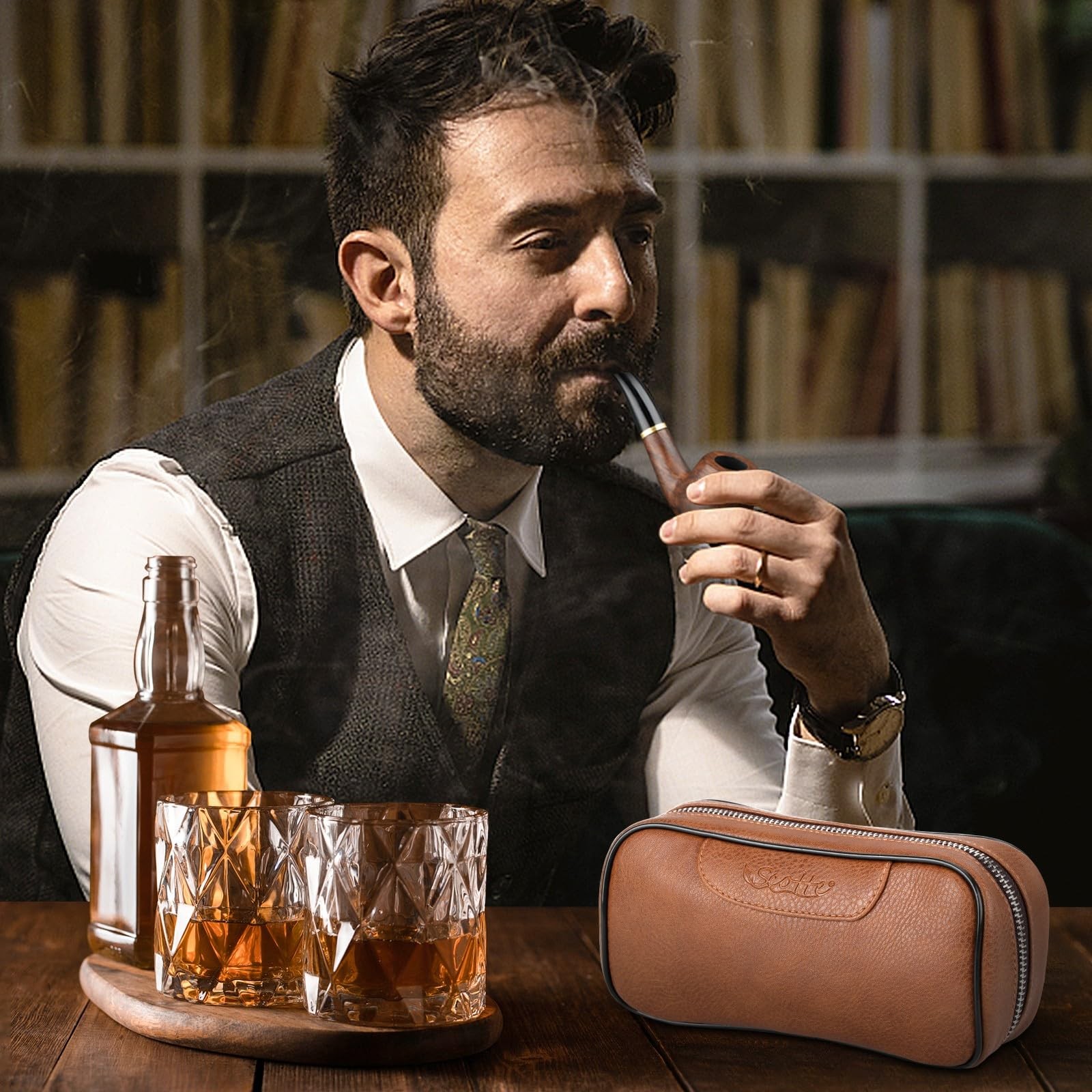 Scotte Handmade Pipe Set, Leather Pipe Pouch, Wood Pipe and Accessories (Scraper