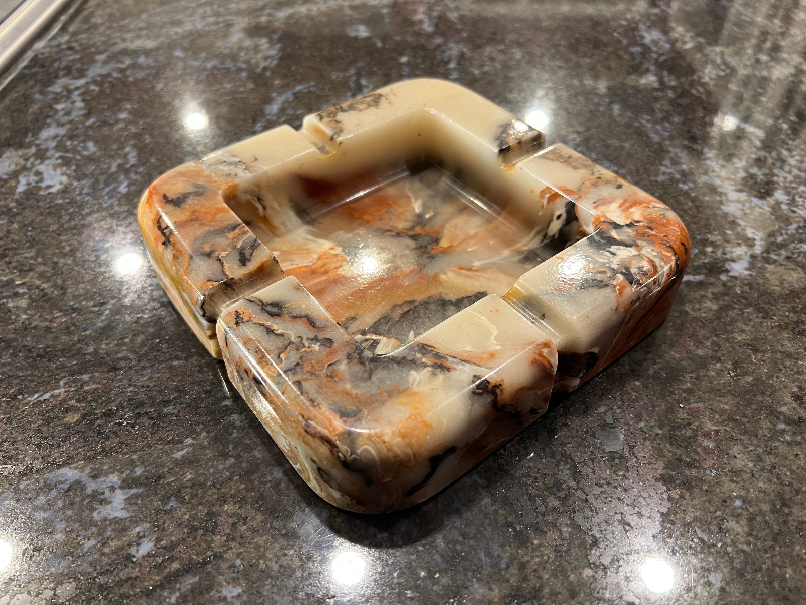 Vintage MCM Onyx Marble Ashtray 1960s 1970s Heavy Carved Stone Catchall 7×7″