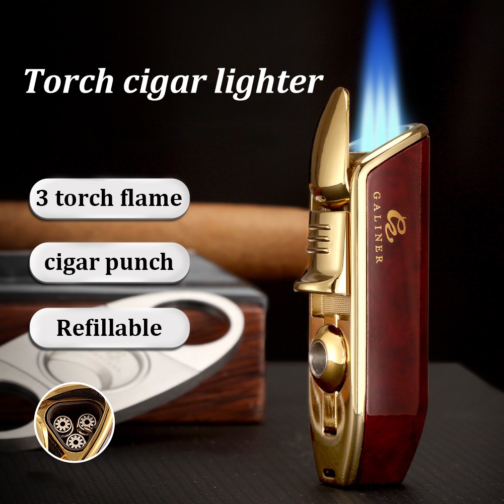 Galiner Cigar Lighter Cigarette Triple Jet Flame Refillable Butane Torch Punch
