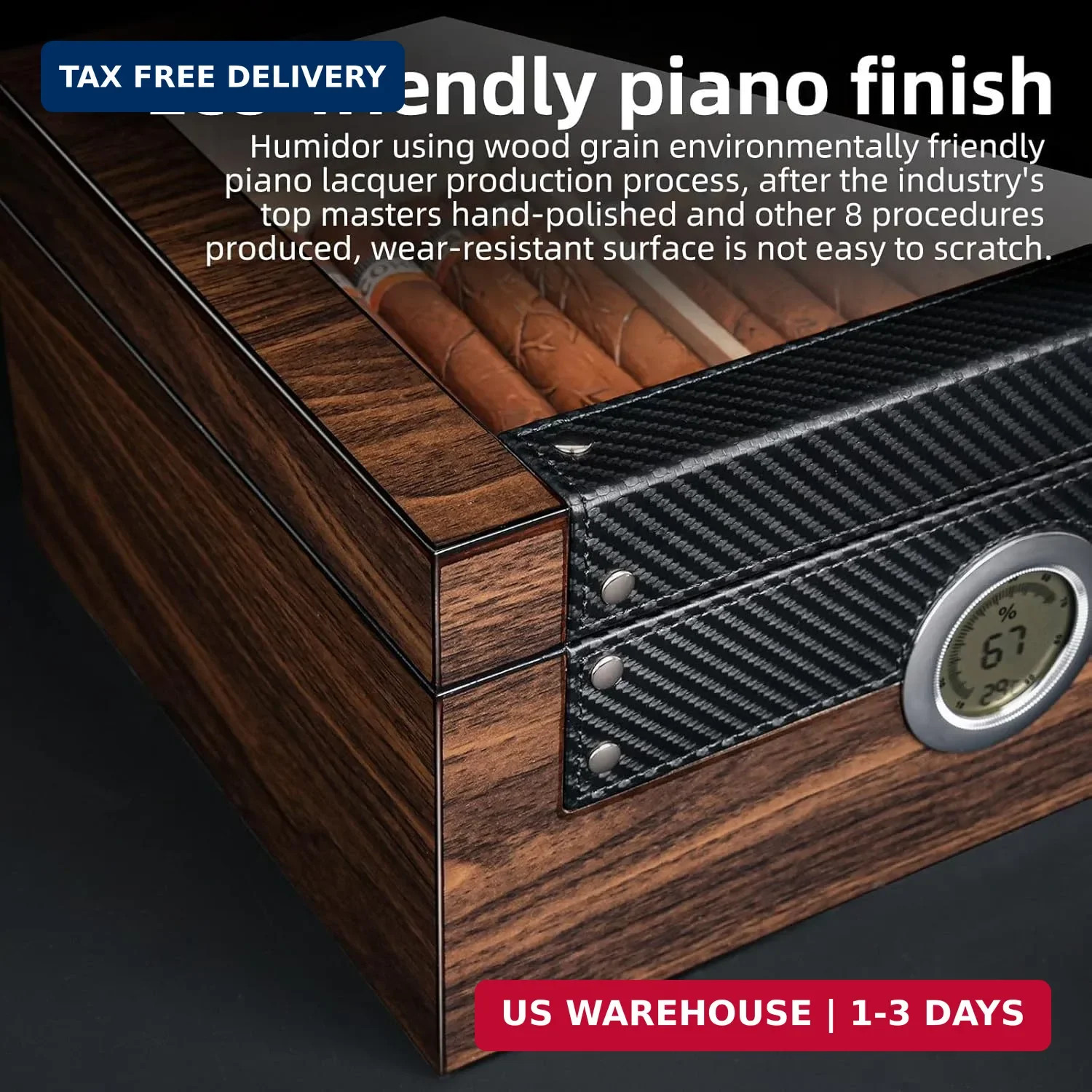 Cigar Humidor with Glass Top & Spanish Cedar Wood, Desktop Humidor with Digital