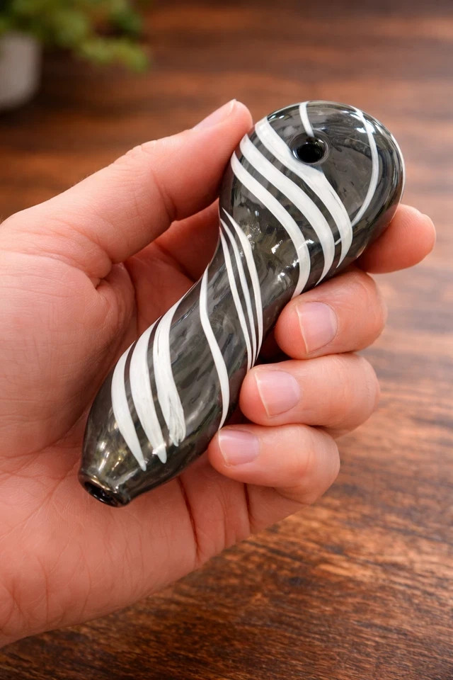 4 Inch Hand Blown Glass Pipe Green with White Swirl Design Great Price