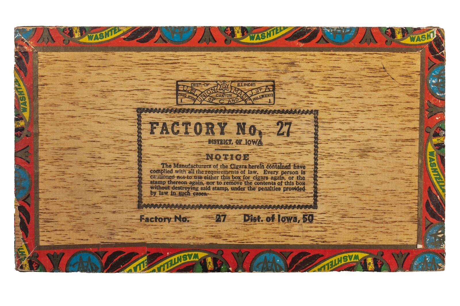 Rare 1920s “Washtella” cedar 50 cigar box is in very good condition