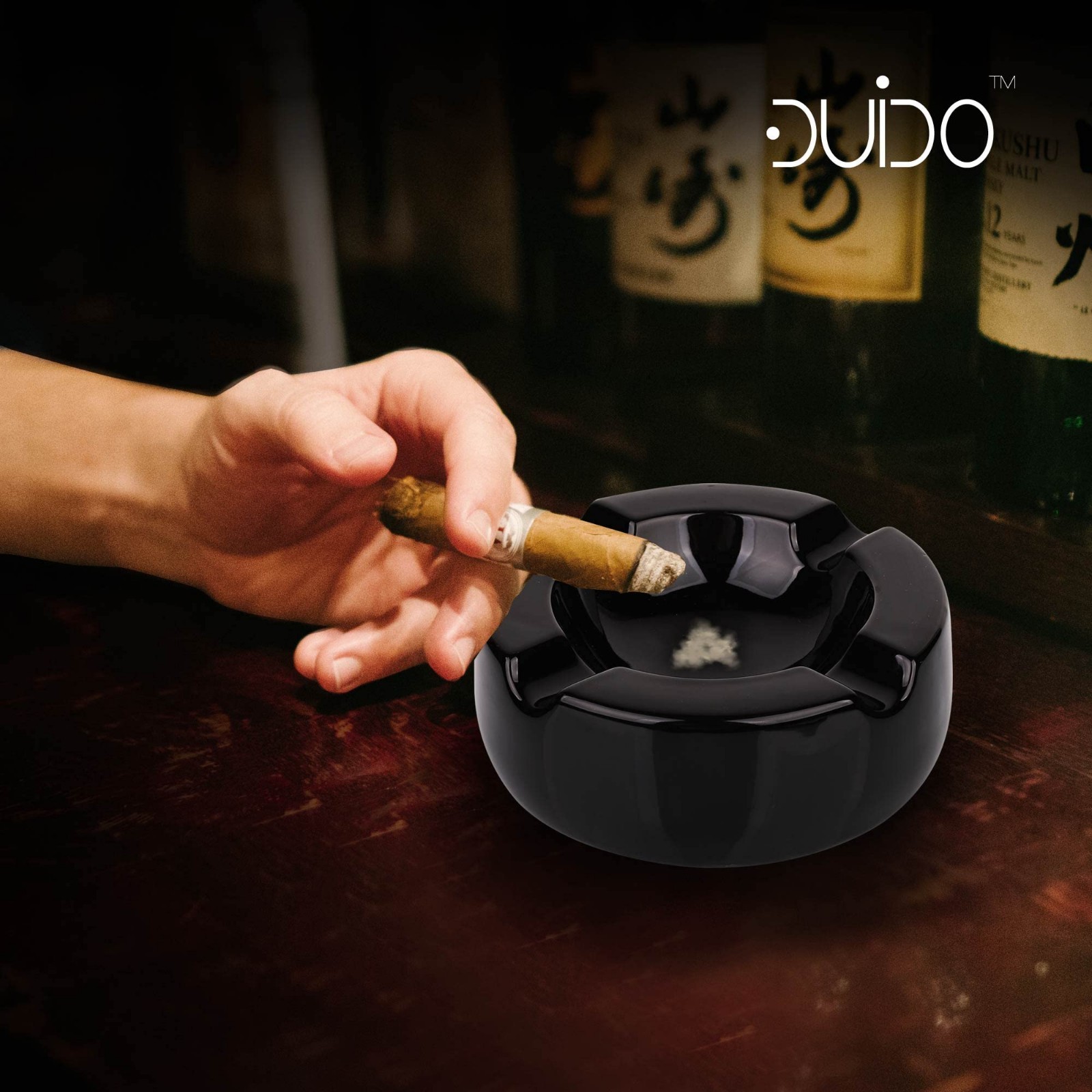 Large 8.5″ Glossy Black Ceramic Cigar Ashtray – Indoor/Outdoor Patio Accessory G
