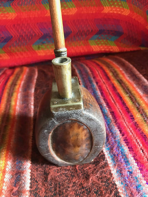 Unique Vintage Wooden Leather and Brass Pipe As Is Large 13″ tall