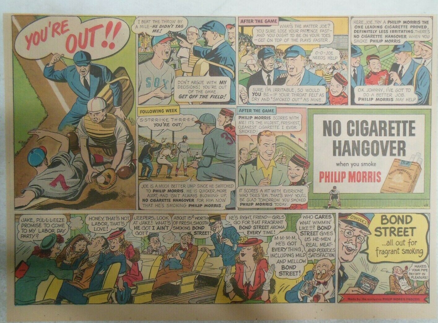 Phillip Morris Cigarette Ad: “Baseball Game !” 1940’s Size: 11 x 15 inches