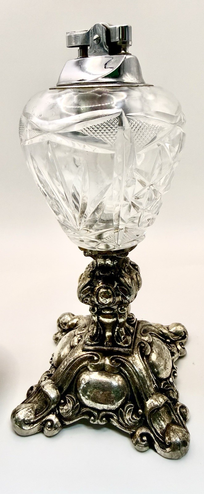 Ornate Crystal Tabletop Lighter w/ Brass Base & Snuffer Cap Marked L & L 8305