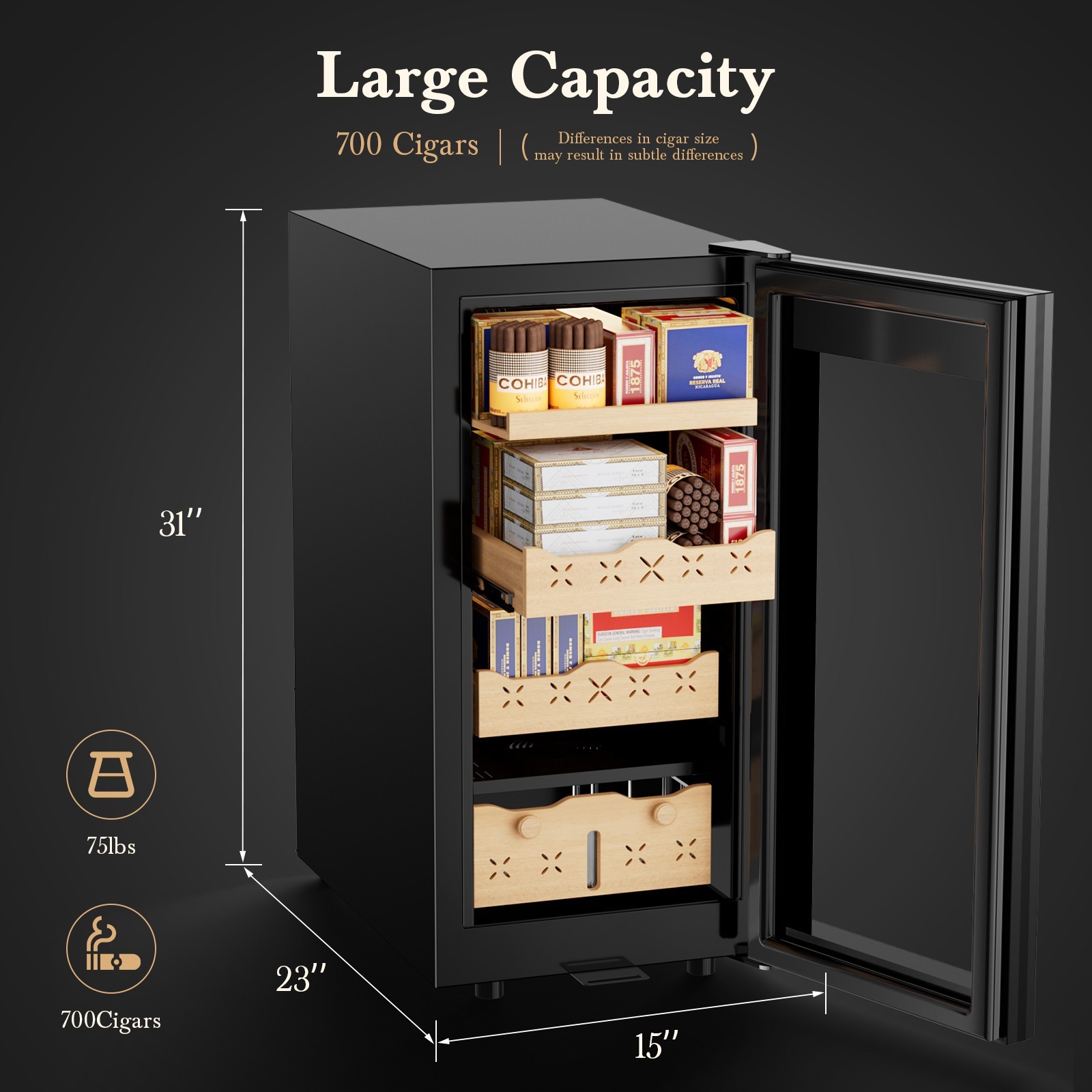 Electric Cigar Humidor 85L Cigar Cabinet, 700 Cigars Spanish Cedar Wood Shelves