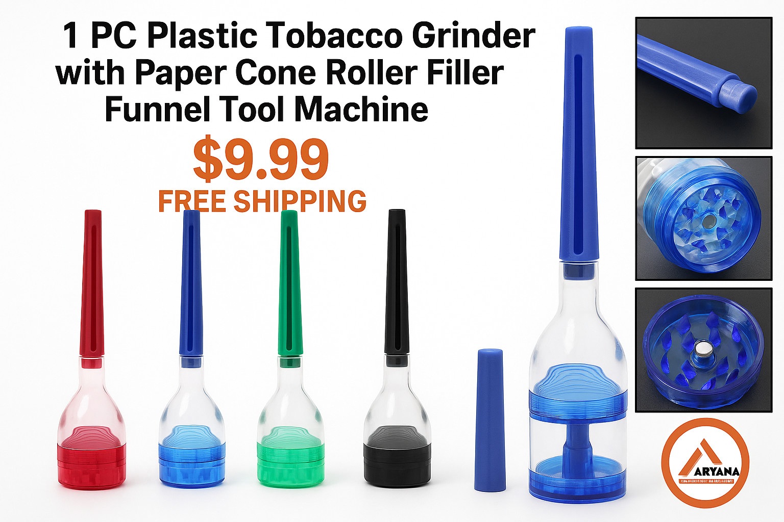 Plastic Tobacco Grinder with Paper Cone Roller & Filler Funnel Tool Machine 1ct