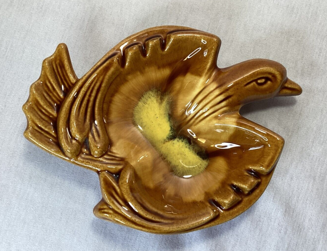 Vintage Maurice of California Pottery Medium Bird Ashtray Brown & Gold