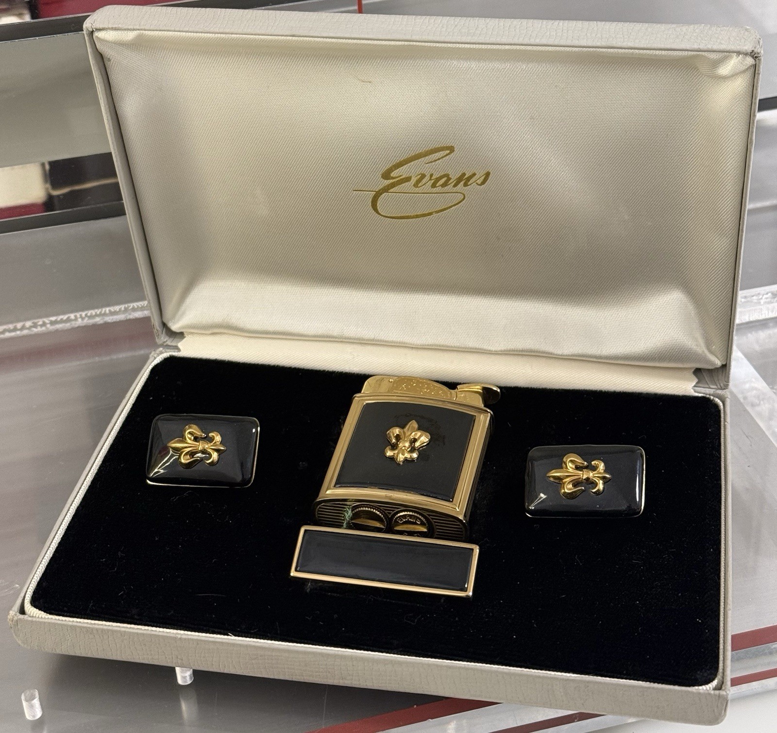 Vintage Evans Lighter Set Gold Black Fleur De Lis With Cufflinks Tie Clip Box