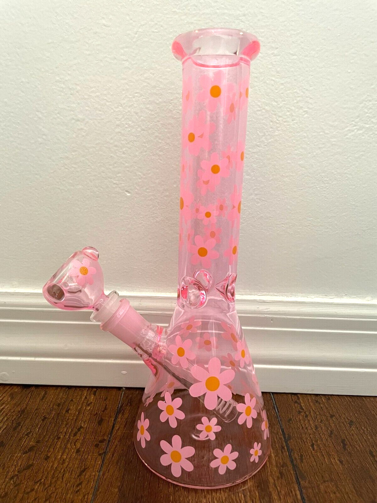 10.5” Premium Glass Water Pipe Beaker Pink Daisies 14mm
