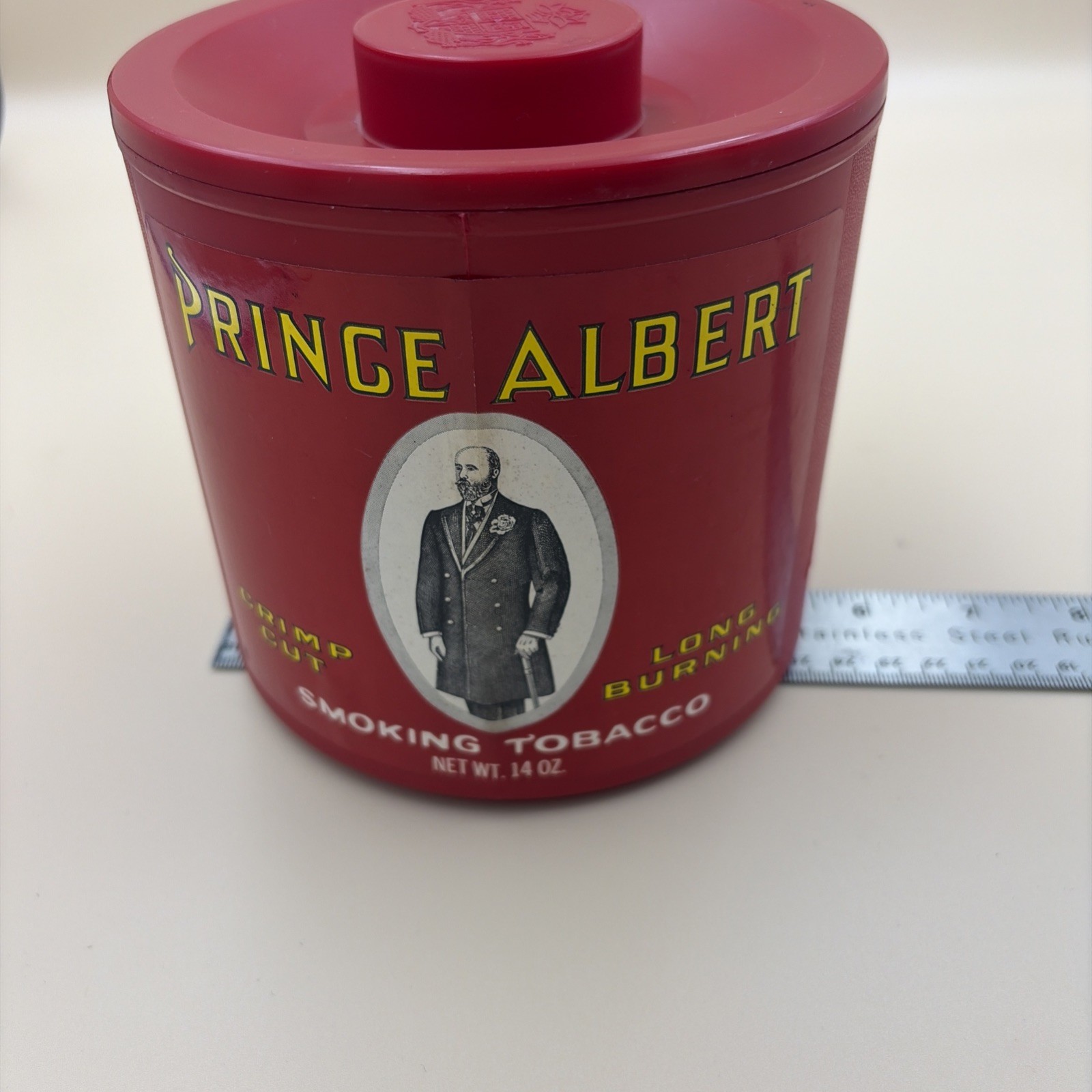 PRINCE ALBERT Smoking Tobacco Red Plastic Canister w/lid 14oz EMPTY. Vintage