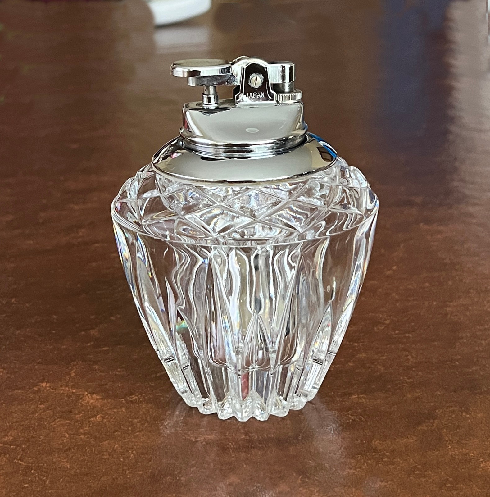 Vintage 60’s – 70’s Cut Crystal Glass & Chrome Table Top Lighter Japan MIJ